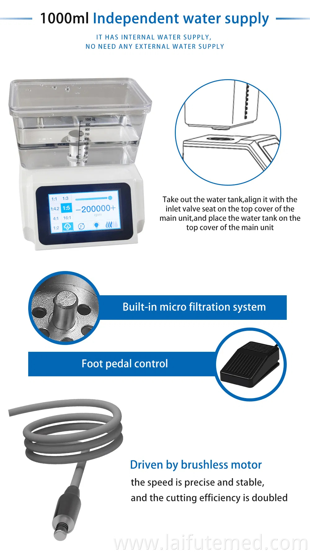 Dental Electric Micro Motor Power System with Water Tank LED Brushless